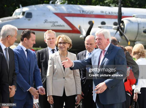 June 2018, Frankfurt am Main, Germany: City council Uwe Becker , Stefan Schulte, chairman of the Fraport AG, Richard Grenell, American embassador to...