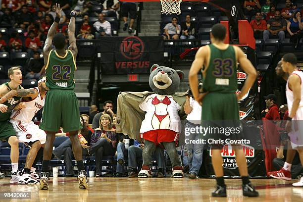 Clutch, the mascot of the Houston Rockets, performs during the game between the Rio Grande Valley Vipers and the Reno Bighorns on April 12, 2010 at...