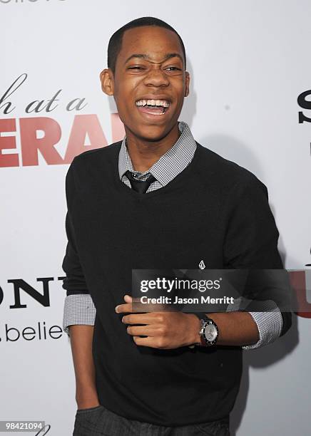 Actor Tyler James Williams arrives at the "Death At A Funeral" Los Angeles Premiere at Pacific's Cinerama Dome on April 12, 2010 in Hollywood,...