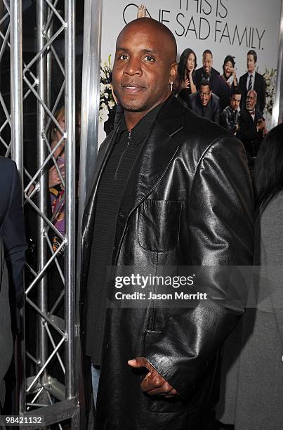 Barry Bonds arrives at the "Death At A Funeral" Los Angeles Premiere at Pacific's Cinerama Dome on April 12, 2010 in Hollywood, California.