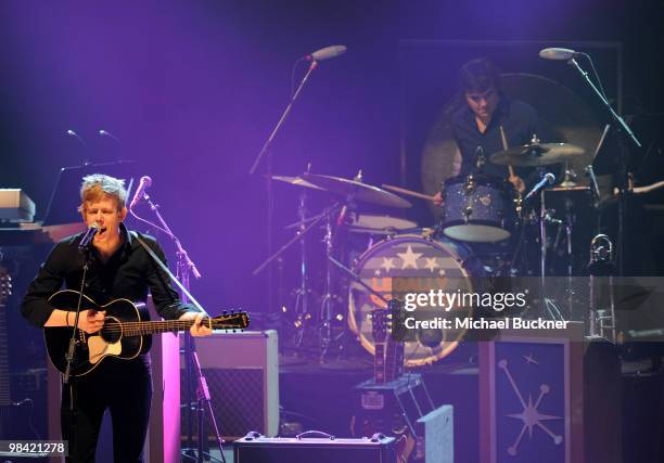 Britt Daniel and Jim Eno of Spoon perform at the opening night of "The Legally Prohibited From Being Funny On TV Tour" at the Hult Center for the...