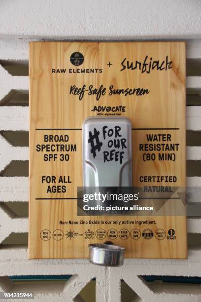 May 0218, Honolulu, USA: A dispenser with "Riff freindly" sunscreen can be seen on the wall at the surfjack Hotel. Photo: Christina Horsten/dpa