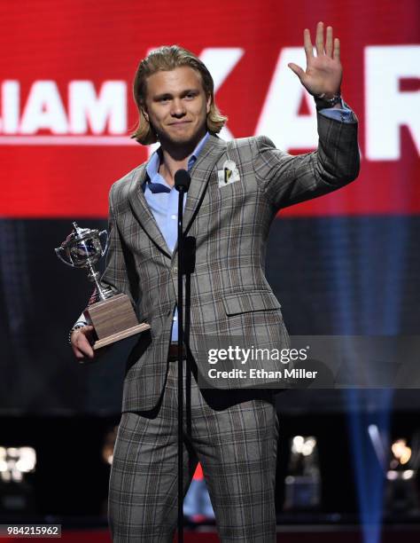 William Karlsson of the Vegas Golden Knights accepts the Lady Byng Memorial Trophy, given to the player best combining sportsmanship and ability,...