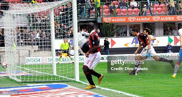 Marco Borriello of Milan ) scores his first Milan's goal during the Serie A match between AC Milan and Catania Calcio at Stadio Giuseppe Meazza on...