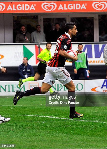 Marco Borriello of Milan celebrates after scoring his first Milan's goal during the Serie A match between AC Milan and Catania Calcio at Stadio...