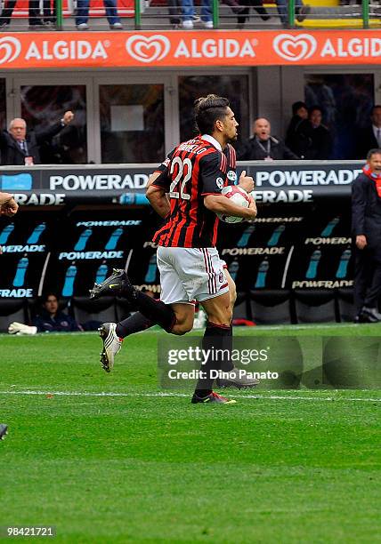 Marco Borriello of Milan celebrates after scoring his first Milan's goal during the Serie A match between AC Milan and Catania Calcio at Stadio...