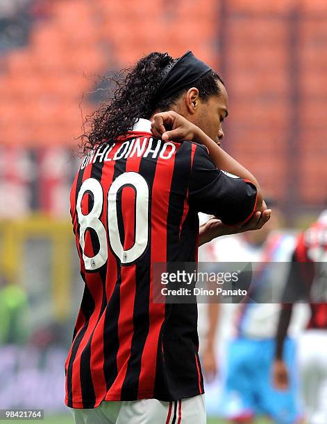 Ronaldinho of Milan in action during the Serie A match between AC Milan and Catania Calcio at Stadio Giuseppe Meazza on April 11, 2010 in Milan,...