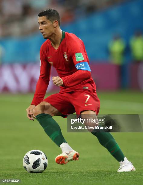 Cristiano Ronaldo of Portugal in action during the 2018 FIFA World Cup Russia group B match between Iran and Portugal at Mordovia Arena on June 25,...