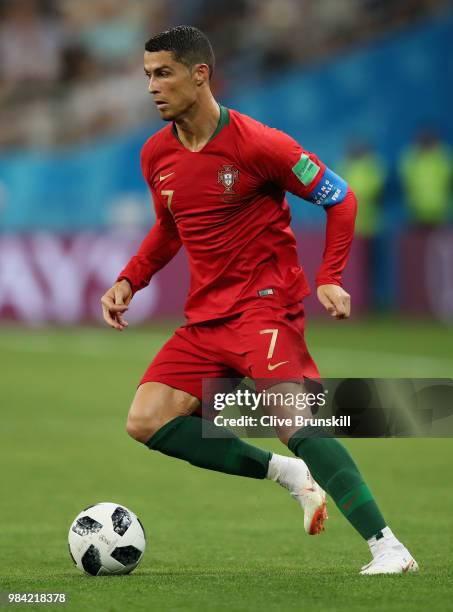 Cristiano Ronaldo of Portugal in action during the 2018 FIFA World Cup Russia group B match between Iran and Portugal at Mordovia Arena on June 25,...