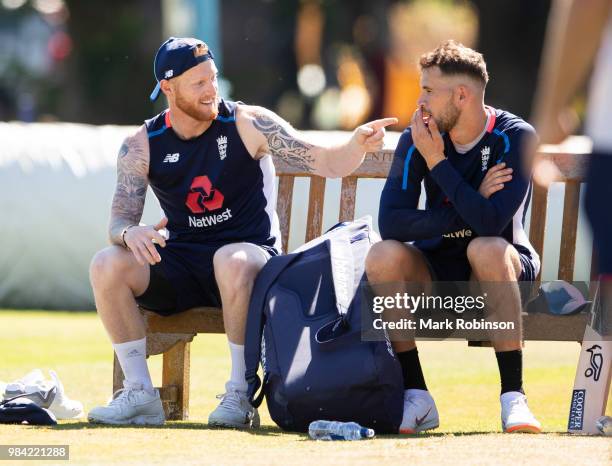 Ben Stokes and Alex Hales of England during a nets session at Edgbaston on June 26, 2018 in Birmingham, England.