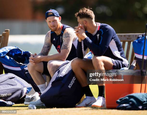 Ben Stokes and Alex Hales of England during a nets session at Edgbaston on June 26, 2018 in Birmingham, England.