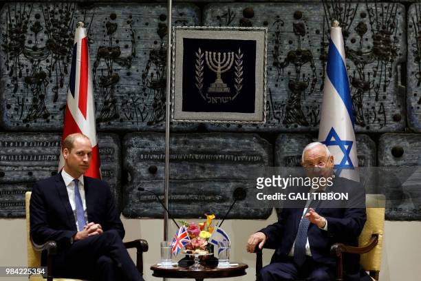Israeli President Reuven Rivlin meets with Britain's Prince William at the presidential compound in Jerusalem on June 26, 2018. The Duke of Cambridge...