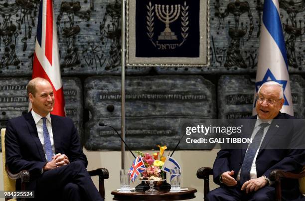 Israeli President Reuven Rivlin meets with Britain's Prince William at the presidential compound in Jerusalem on June 26, 2018. The Duke of Cambridge...