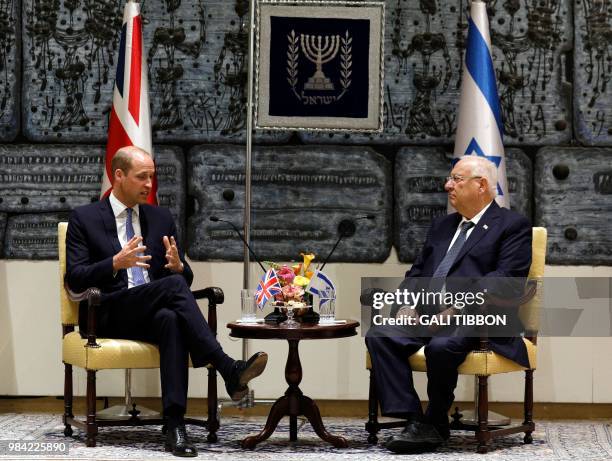 Israeli President Reuven Rivlin meets with Britain's Prince William at the presidential compound in Jerusalem on June 26, 2018. The Duke of Cambridge...