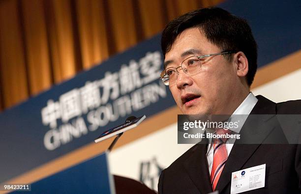 Tan Wan Geng, president of China Southern Airlines Co., speaks at the company's 2009 results announcement in Hong Kong, China, on Tuesday, April 13,...