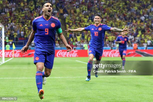 Radamel Falcao of Colombia celebrates with teammates after scoring his team's second goal during the 2018 FIFA World Cup Russia group H match between...