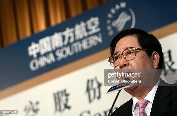 Si Xian Min, chairman of China Southern Airlines Co., speaks at the company's 2009 results announcement in Hong Kong, China, on Tuesday, April 13,...