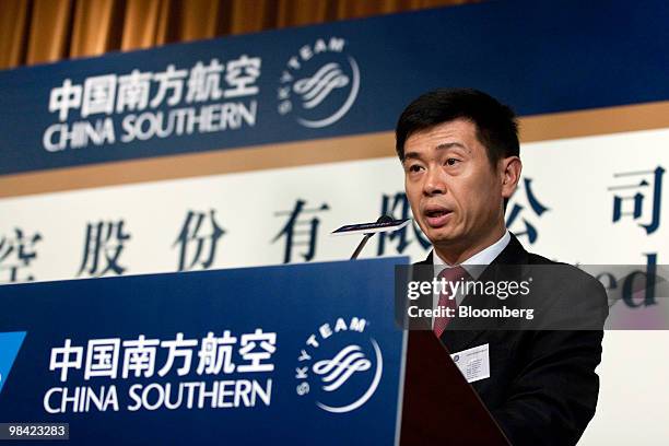 Xu Jiebo, vice president and chief financial officer of China Southern Airlines Co., speaks at the company's 2009 results announcement in Hong Kong,...