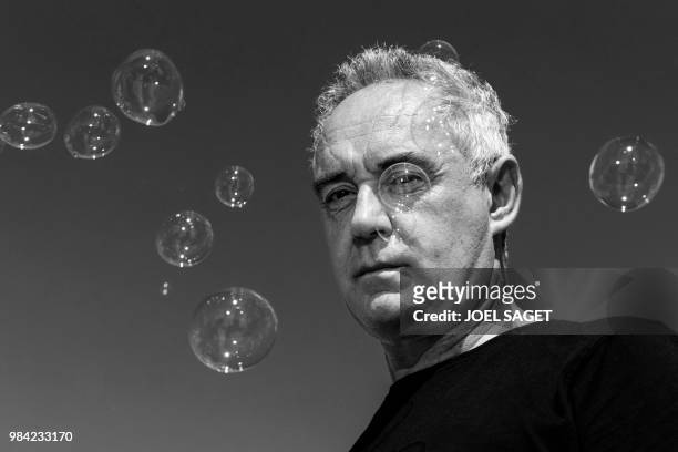 Spanish chef from Catalonia Ferran Adria poses during a photo session in Paris on June 26, 2018. / BLACK AND WHITE VERSION
