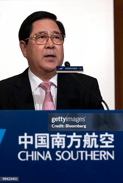 Si Xian Min, chairman of China Southern Airlines Co., speaks at the company's 2009 results announcement in Hong Kong, China, on Tuesday, April 13,...