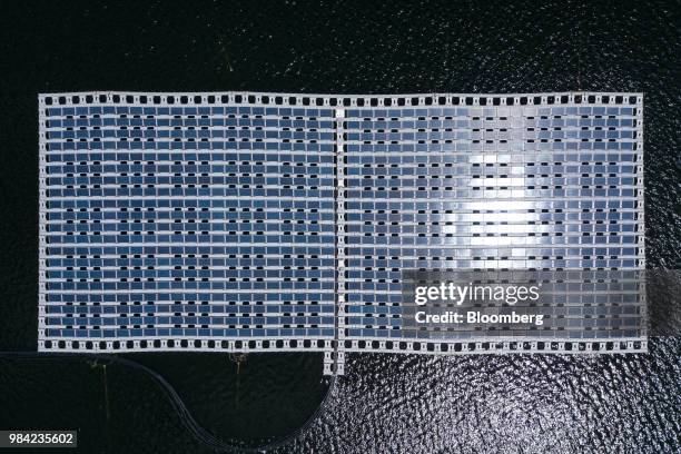 Solar panels containing photovoltaic cells float on water at the hydro electric dam project by EDP-Energias de Portugal SA's renewables unit, EDP...