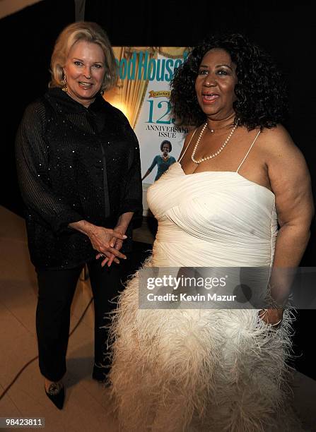 Candice Bergen and Aretha Franklin pose backstage during Good Housekeeping's "Shine On" 125 years of Women Making Their Mark at New York City Center...