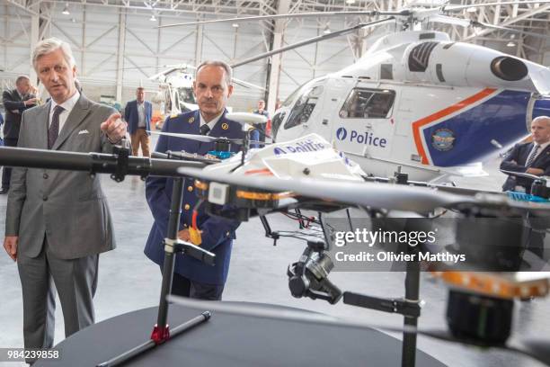 King Philip of Belgium inspects a police drone during a visit to the 25th Anniversary of the Federal Police Air Support Directorate in the Military...