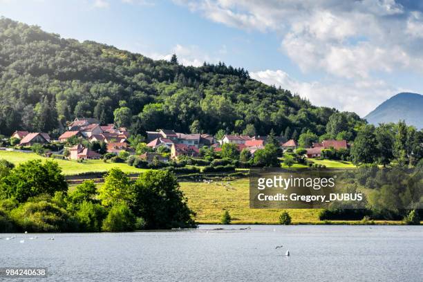 hermoso pequeño pueblo francés en colina a lo largo del río ródano en medio de montañas de los alpes de bugey en auvernia-rodano-alpes - ain fotografías e imágenes de stock