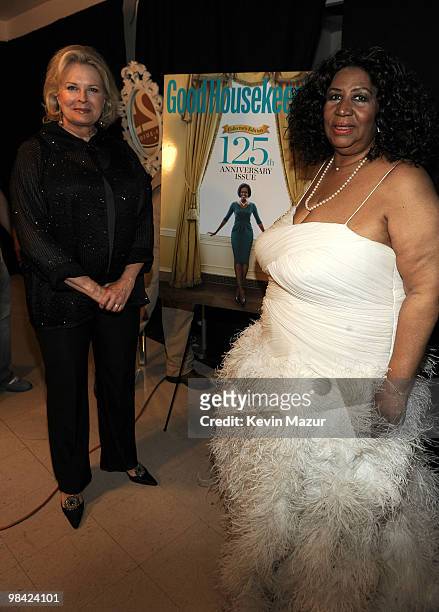 Candice Bergen and Aretha Franklin pose backstage during Good Housekeeping's "Shine On" 125 years of Women Making Their Mark at New York City Center...