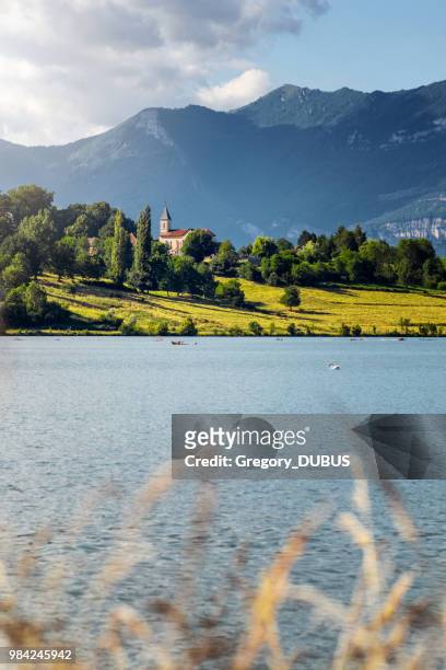 french landscape with small church steeple along rhone river and grand colombier bugey alps mountains in summer in auvergne-rhone-alpes - rhone river stock pictures, royalty-free photos & images