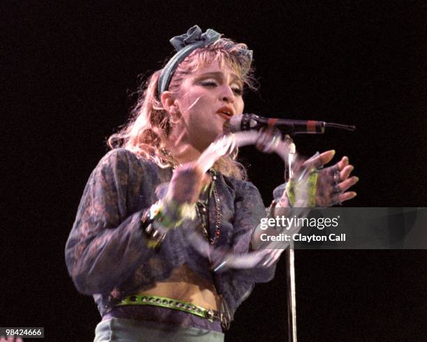 Madonna performing at the San Francisco Civic Auditorium on April 23, 1985.