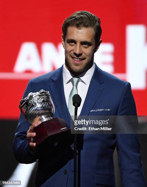 Anze Kopitar of the Los Angeles Kings accepts the Frank J. Selke trophy, given to the top defensive forward, during the 2018 NHL Awards presented by...