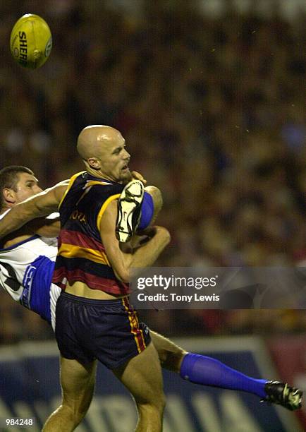 Nigel Smart for Adelaide and Jason McCartney for the Kangaroos in action in the round 5 match of the AFL between the Adelaide Crows and the Kangaroos...