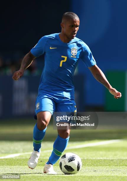 Douglas Costa of Brazil is seen during the 2018 FIFA World Cup Russia group E match between Brazil and Costa Rica at Saint Petersburg Stadium on June...