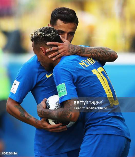 Neymar of Brazil and Philippe Coutinho of Brazil are seen at full time during the 2018 FIFA World Cup Russia group E match between Brazil and Costa...