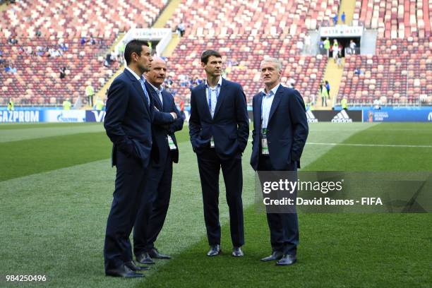 Didier Deschamps, Manager of France looks on with his assistants during pitch inspection prior to the 2018 FIFA World Cup Russia group C match...