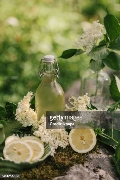 vlierbloesem hartelijke sap limonade buiten in de zomer zonlicht - limonade stockfoto's en -beelden