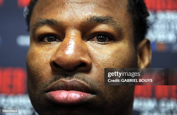 Five-Time World Champion Sugar Shane Mosley speaks to reporters on April 12, 2010 in Pasadena, California during a media workout in preparation for...