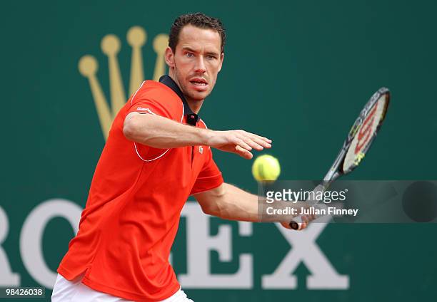 Michael Llodra of France in action in his match against Fabio Fognini of Italy during day two of the ATP Masters Series at the Monte Carlo Country...