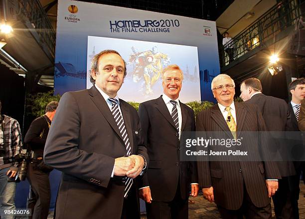 President Michel Platini, mayor of Hamburg Ole Von Beust and Theo Zwanziger, president of the German Football Association are pictured prior to the...