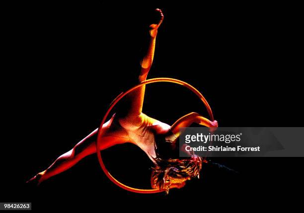 Laysan Gayazova performs onstage during photocall for Cirque du Soleil's 'Varekai' at The White Grand Chapiteau at The Trafford Centre on February...