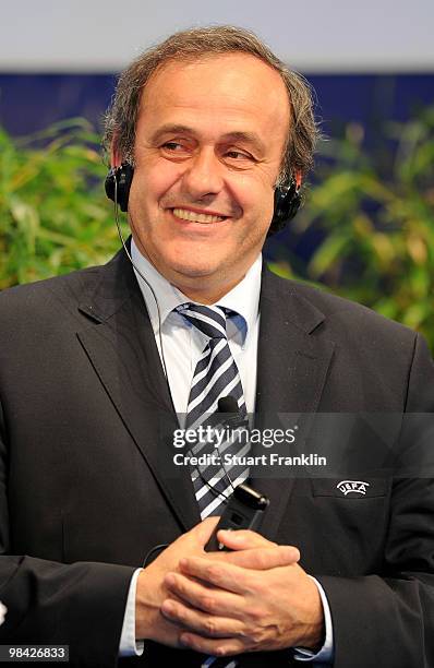 Michel Platini, president of UEFA during the handover of the UEFA Europa League cup on April 13, 2010 in Hamburg, Germany.