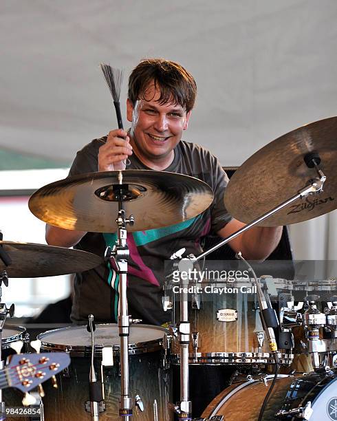 Drummer Keith Carlock playing drums with brushes while performing live with James Taylor at the New Orleans Jazz & Heritage Festival on April 25,...