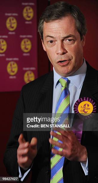 United Kingdom Independence Party MEP Nigel Farage speaks during the launch of his party's election manifesto in London, on April 13, 2010. Britons...