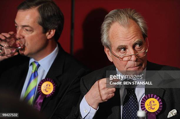 United Kingdom Independence Party MEP Nigel Farage and party leader Lord Pearson of Rannoch attend the launch of their party's election manifesto in...