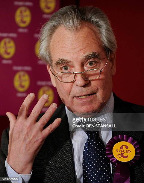 United Kingdom Independence Party leader Lord Pearson of Rannoch attends the launch of his party's election manifesto in London, on April 13, 2010....