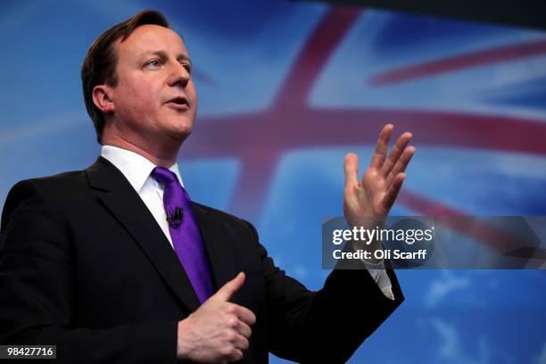Conservative party leader David Cameron launches his party's manifesto in Battersea Power Station on April 13, 2010 in London, England. The manifesto...