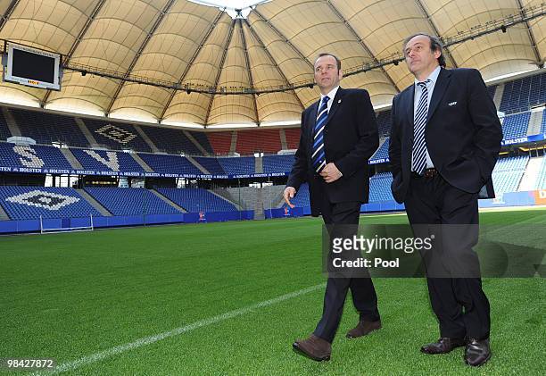 Chairman of the board of the Hamburger SV, Bernd Hoffmann , and UEFA president Michel Platini tour the HSH Nordbank Arena on the day of the UEFA...