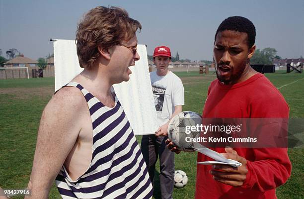 Music impresario Tony Wilson with footballer John Barnes during the filming of the video for the official song of the England football team's 1990...