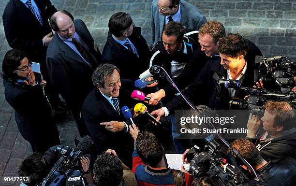 Michel Platini, UEFA president, speaks to the media during the handover of the UEFA Europa League cup on April 13, 2010 in Hamburg, Germany.